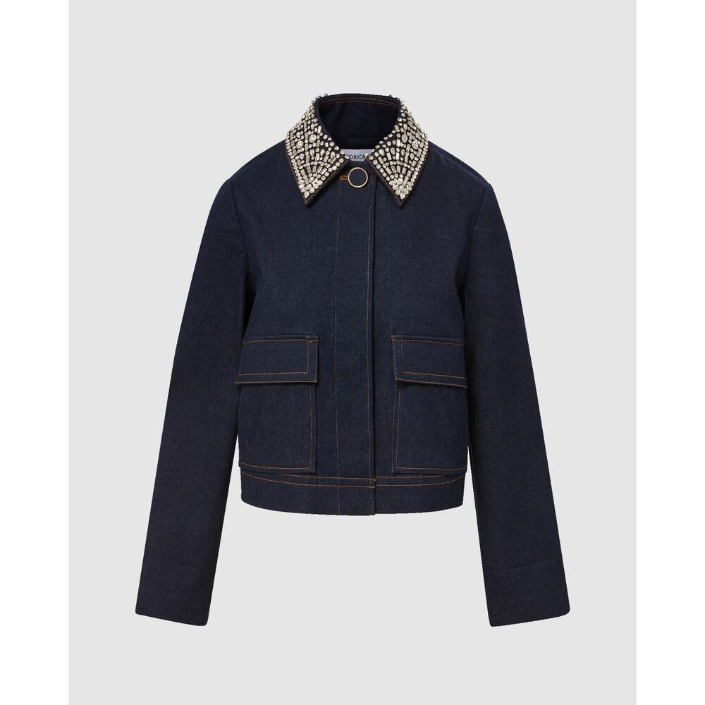 Veronica Beard Barrington Denim Blue Embellished-Collar Cropped Jacket US 6